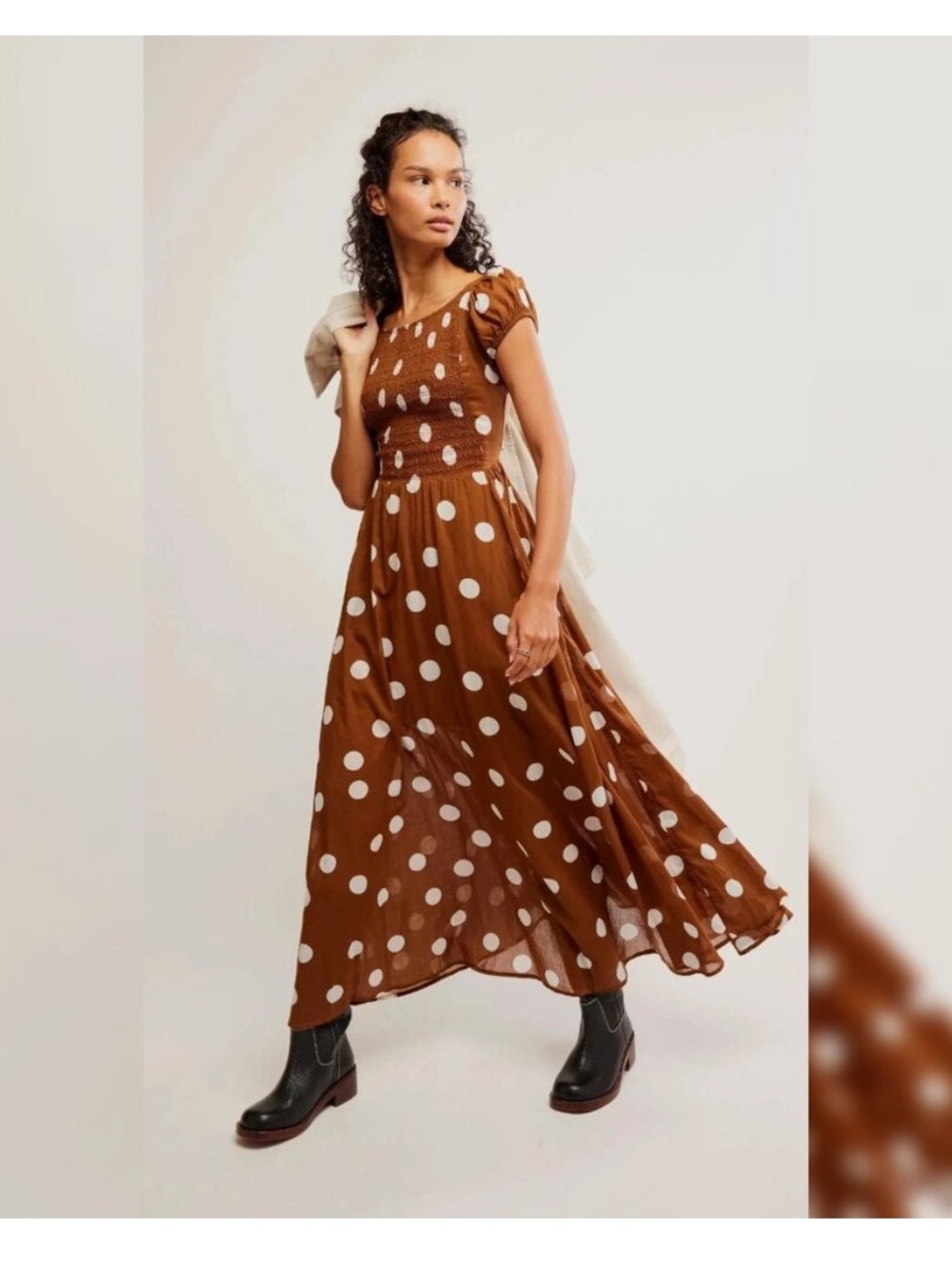 Free People Brown Maxi Dress with White Polka Dots